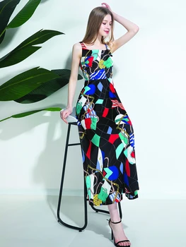 OLOMM FVL4071-8 calitate de top pentru femei rochie fara maneci vara imprimare Suspensor fusta Glezna Bretele, fusta de moda