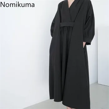 Nomikuma Casual Rochie Maxi pentru Femei V-Neck Maneca Lunga de Toamna coreene Noi Rochii Vrac Solid de Culoare Moda Elegant Vestidos 3d758
