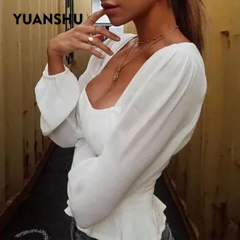 YUANSHU Elegant de Bumbac Alb Pătrat Guler Femei Bluza Tricou Elastic Talie Mare Femei Top Camasa de Toamnă Sexy si Damele de Bluza