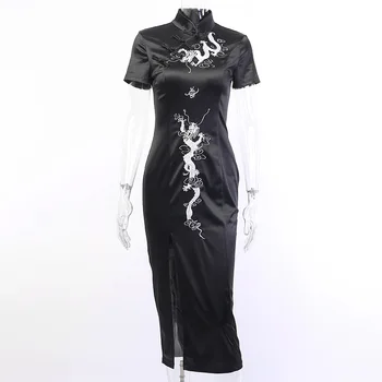 Femeie Skinny Mandarin Guler Rochie Stil Chinezesc Split Cheongsam Dressup Tendință 2020 Broderie Cu Maneci Scurte Moda Rochii Midi