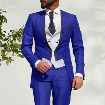 Costum De Nunta Pentru Barbati Personalizate 2021 Dimineață Petrecere Frac 3 Bucată Bărbați Costum Slim Fit Albastru Regal Mirele Fracul Mirelui