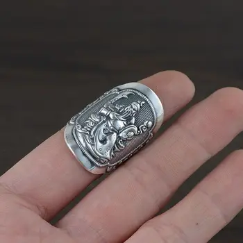 Garantat Argint 925 Inel de Epocă pentru Bărbați Largă-cu care se Confruntă Guan Gong Sculptate Paloș Deschide Inel de Argint Retro Bijuterii Fine
