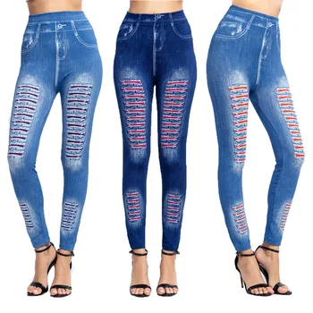 Jeggings Jeans pentru Femei Talie Mare Skinny cu dungi Fals Denim Leggings Femme Push-Up Creion Pantaloni Plus Dimensiune Jambiere Elastic