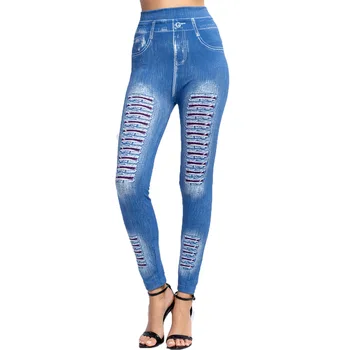 Jeggings Jeans pentru Femei Talie Mare Skinny cu dungi Fals Denim Leggings Femme Push-Up Creion Pantaloni Plus Dimensiune Jambiere Elastic