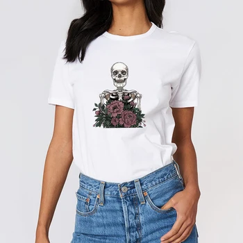 Toamna Halloween Haine Femei T-shirt Schelet și Flori Proaspete de Imprimare Streetwear Topuri & Tricouri Moda O-gât Plus Dimensiune Tricou
