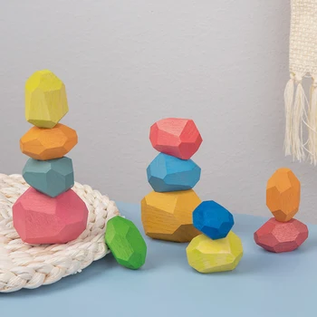 7 Stiluri pentru Copii din Lemn de Culoare Piatra Jenga Bloc Montessori Blocuri Educaționale Creative Stil Nordic Stivuire Jucărie