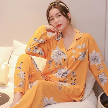 2021 Primăvară Nouă Doamnelor Subțire Vrac Guler de Turn-Down Set de Pijama Moale din Bumbac Satinat Desene animate&Florale Imprimate Sleepwear 2 buc Homewear