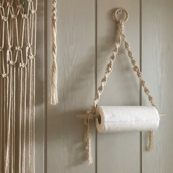Ins stil Nordic agățat de perete băț de lemn sta dormitor camera de zi de decorare mână-țesute de lână țesut cutie de rulou de hârtie cârlig
