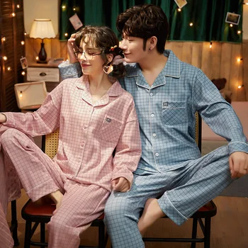 2020 Toamna Cuplu Set De Pijama Bumbac Vrac Pijamale Femei, Barbati Maneca Lunga Homewear Iubitorii De Cămăși De Noapte Carouri Pijama Set