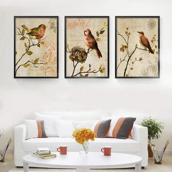HAOCHU Triptic American Vintage Acuarelă de Păsări Pe Copac Panza Pictura Arta de Imprimare Poster Animal Poza Perete Decor Acasă