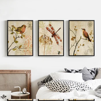 HAOCHU Triptic American Vintage Acuarelă de Păsări Pe Copac Panza Pictura Arta de Imprimare Poster Animal Poza Perete Decor Acasă