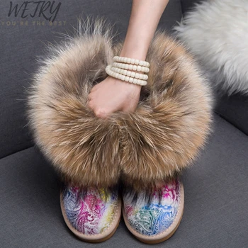 Top Vacă din piele Naturala blana de vulpe pentru femei scurte de iarna glezna cizme de zapada pentru femei pantofi de iarna pentru femei Cizme pentru Femei