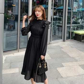 2020 Primăvară Nouă Coreea Femei Rochie Franceză Slim Cu Maneca Lunga Talie Elastic Solid Simplu A - Line Rochie Eleganta De Sex Feminin Vestidos