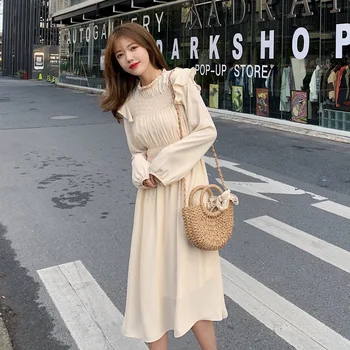 2020 Primăvară Nouă Coreea Femei Rochie Franceză Slim Cu Maneca Lunga Talie Elastic Solid Simplu A - Line Rochie Eleganta De Sex Feminin Vestidos