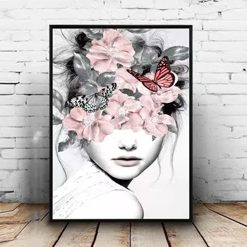 Floare roz Fată Portret Poster Nordic Panza Pictura arta de Perete Postere si Printuri Abstracte Imaginile Pentru Camera de zi de decorare