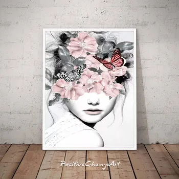 Floare roz Fată Portret Poster Nordic Panza Pictura arta de Perete Postere si Printuri Abstracte Imaginile Pentru Camera de zi de decorare