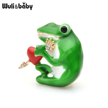 Wuli&copilul Verde Galben Email Broasca Broșe Femei cehă Stras Inima de Broască Animal Casual Ace de Brosa, Cadouri de