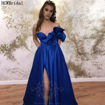 Noul Design Albastru Regal Sexy Rochii De Bal Fantă Mare Iubire Încreți Satin Lungi Rochii De Seara Formale Pentru Plus Dimensiune Rochie De Absolvire
