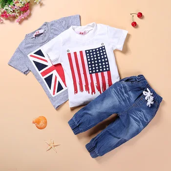 Transport gratuit! Costum de vara baieti cu Britanică și Americană pavilion 2 t-shirt și blugi 3 buc. set haine pentru copii de vânzare cu amănuntul