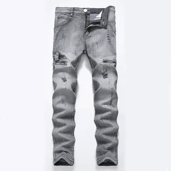 Noi Mens Blugi Rupți Direct Slim Cu Fermoar Buzunar decor Găuri în Dificultate Denim Pantaloni Streetwear Elastic blugi Pantaloni