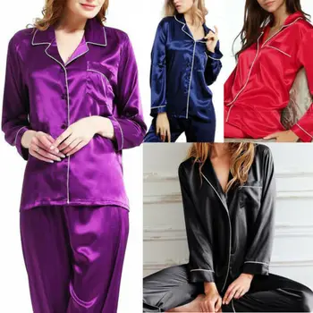 Elegant de Toamna Femei Solide Seturi de Pijamale Butonul Maneca Lunga tricou Vrac Top și Mătase ca Satin Înaltă talie Pantaloni Lungi S-XL