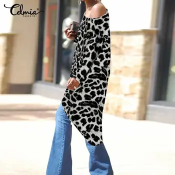 Celmia Femei Tunica Asimetric Topuri Sexy De Pe Umăr Leopard De Imprimare Bluze Lungi Casual Ladies Shirt Plus Dimensiune Blusas Femme
