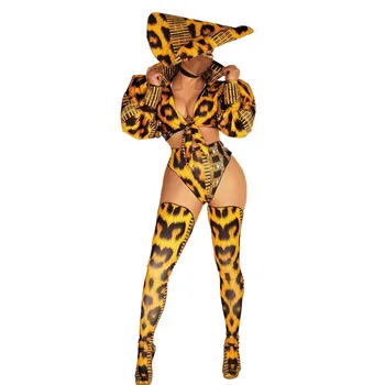 Vintage Leopard De Imprimare De Costume De Partid Adânc V Top + Pantaloni Scurti + Stocare + Pălărie Femei Sexy Club Cosplay Etapă Purta Costum Dansatoare Seturi