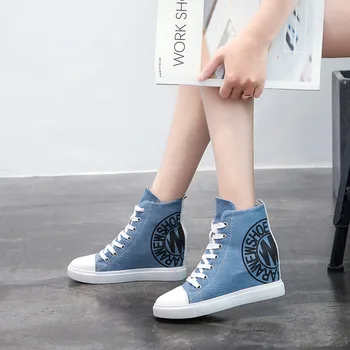 Femeile Înălțimea Creșterea Pantofi 8cm Inaltime Toc Albastru/Negru Panza Glezna Cizme de Primavara/Vara/Toamna/Iarna Casual Pantofi de damă