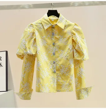 Vintage manșon de puf pentru femei tricouri femme pietre butonul femeie topuri doamna broderie galben bluze