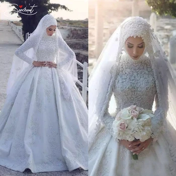 BAZIIINGAAA Musulman Maneca Lunga Nunta DressCathedral ștrasuri din Mărgele Aplici Guler Șifon Țesături În mai Multe Culori Personalizat Gratuit