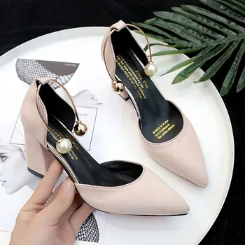 Femei Femei Primavara-Vara Moda Pearl Inel De Culoare Solidă De Cauzalitate Unică Pantofi Sandale Cu Tocuri Groase Femei Pantofi De Partid 2020