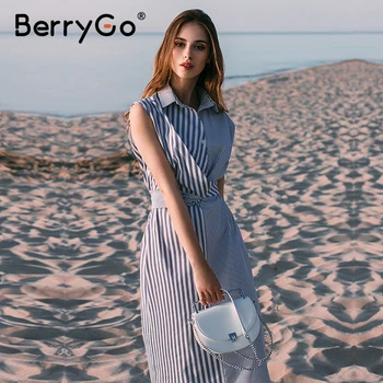 BerryGo fără Mâneci dungi pentru femei rochie de vara Casual, guler cămașă rochie office doamnelor Vacanță chic beach purta rochie lunga de sex feminin