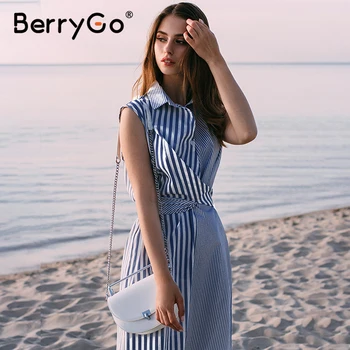 BerryGo fără Mâneci dungi pentru femei rochie de vara Casual, guler cămașă rochie office doamnelor Vacanță chic beach purta rochie lunga de sex feminin
