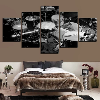 Canvas Wall Art Modular Imagini HD Printuri 5 Bucati Instrument de Muzică, Tablouri Alb Negru Tobe Postere Living Decor Acasă