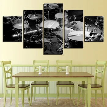 Canvas Wall Art Modular Imagini HD Printuri 5 Bucati Instrument de Muzică, Tablouri Alb Negru Tobe Postere Living Decor Acasă