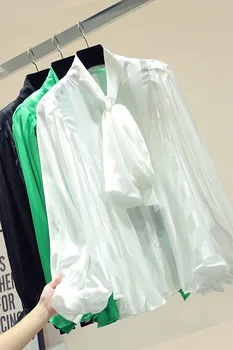 2019 Toamna Blusas pentru Femei coreene Noi, Cravată-up Pur-culoare Tricouri Fete Doamnelor Lantern Maneca Arc Guler Camasa Bluza Femme Topuri