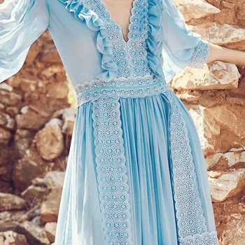 Vintage Volane Dantela Albastru Mozaic Cutat Rochie Lunga Femei 2020 Pista de Designer V-neck Șifon Maxi Rochie