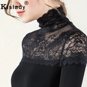 Kislady 2020 Toamna pentru Femei de Înaltă Calitate, Tricou Negru, Plus Dimensiuni Dantelă Florale Mozaic Flexibile, Topuri Elegante Guler Camasi Slim