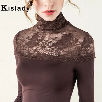 Kislady 2020 Toamna pentru Femei de Înaltă Calitate, Tricou Negru, Plus Dimensiuni Dantelă Florale Mozaic Flexibile, Topuri Elegante Guler Camasi Slim