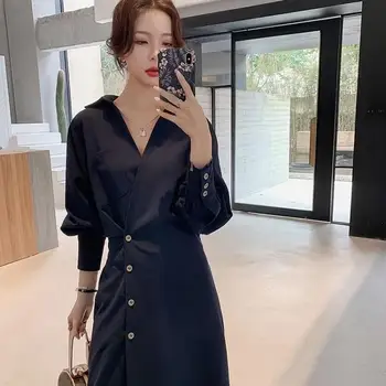 Femei rochie de Toamna V-gât Elegant Feminin mai Nou Trend de Moda Midi Rochii de Partid Temperament Stil coreean Tunică Subțire Uri de Design
