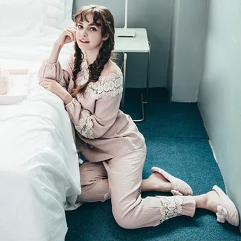 Femei Pijamale De Vara, Pijamale Pijamale Fete Dantela Dublu De Tifon Postnatale Sleepwear Secțiune Subțire De Bumbac