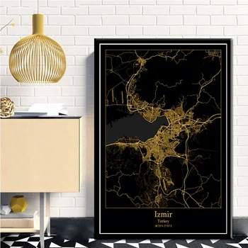 Izmir Turcia Black&Gold City Light Hărți Personalizate Lume Hartă A Orașului Postere Canvas Printuri Stil Nordic Arta De Perete Decor Acasă