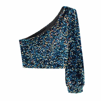 Femei Vintage paiete topuri 2020 moda doamnelor elegante bluze scurte de partid de sex feminin elegant pe un umăr topuri femme fete tricouri chic