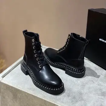 De Înaltă Calitate Din Piele Pista De Design Din Piele Metal Împânzit Glezna Cizme Dantela-Up Toc Gros Cizme Punk Pantofi Prod