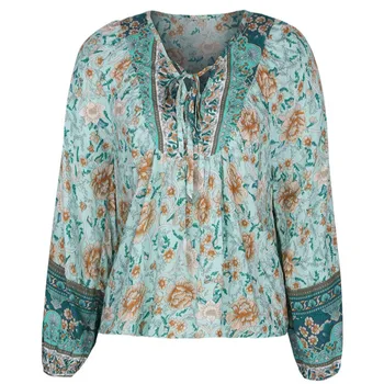 FORERUN Floral Bluza Femei cu Maneci Lungi din Dantela-Up V Neck Vintage Imprimate Topuri Doamnelor Blusa Femme