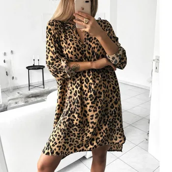 Femei de moda Leopard T Cămașă Rochie Eleganta cu Maneca Lunga Petrecere de Club Dress V Gâtului OL Imbracaminte Femei Halat Femme Vestidos Streetwear