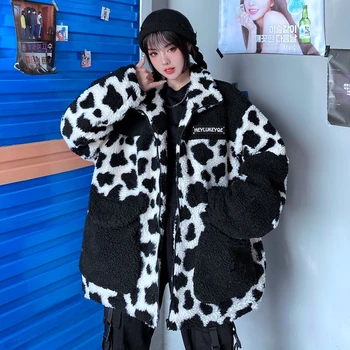 Coreea De Iarna Nou Stil Harajuku Scule Haina Îngroșa Leopard Buzunar Sacou Vintage Cu Fermoar Lambswool Ține De Cald Haine De Bumbac
