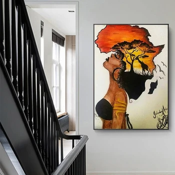 Clasic Femeie Africană Picturi pe Perete Abstract Harta Africa Forma Capul de Perete de Arta Canvas Printuri si Postere Decor Acasă