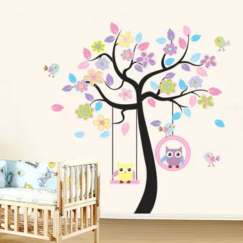 Pink tree swing bufnita camera pentru copii de uz casnic, podoabe autocolante de perete în perete autocolante pe perete