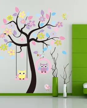 Pink tree swing bufnita camera pentru copii de uz casnic, podoabe autocolante de perete în perete autocolante pe perete